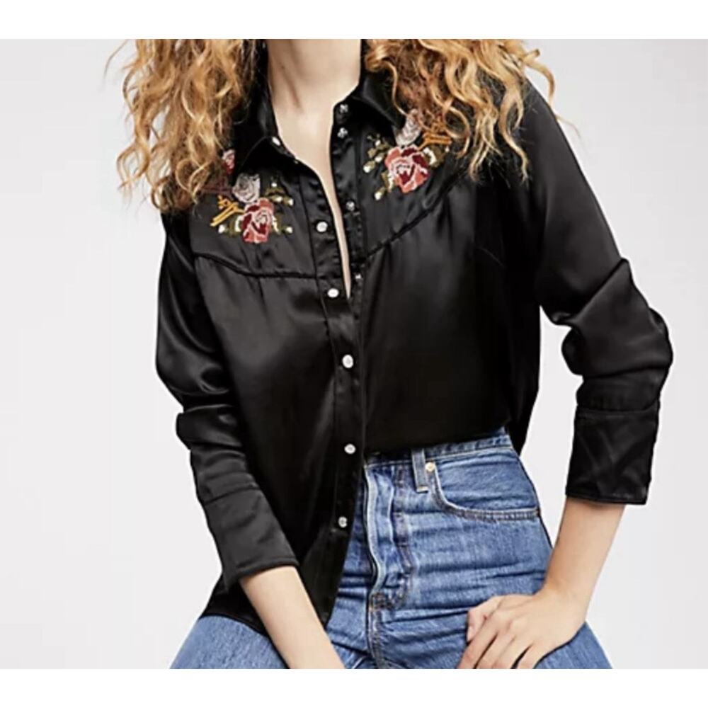 Free People So Long Forever Blouse S Black Silk Western